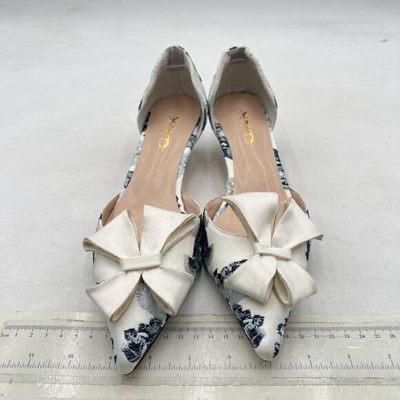 XYD Blue Flower White-bow D'Orsay Kitten Heel Bridal Bowknot Pointed Toe Pumps - Picture 3 of 8